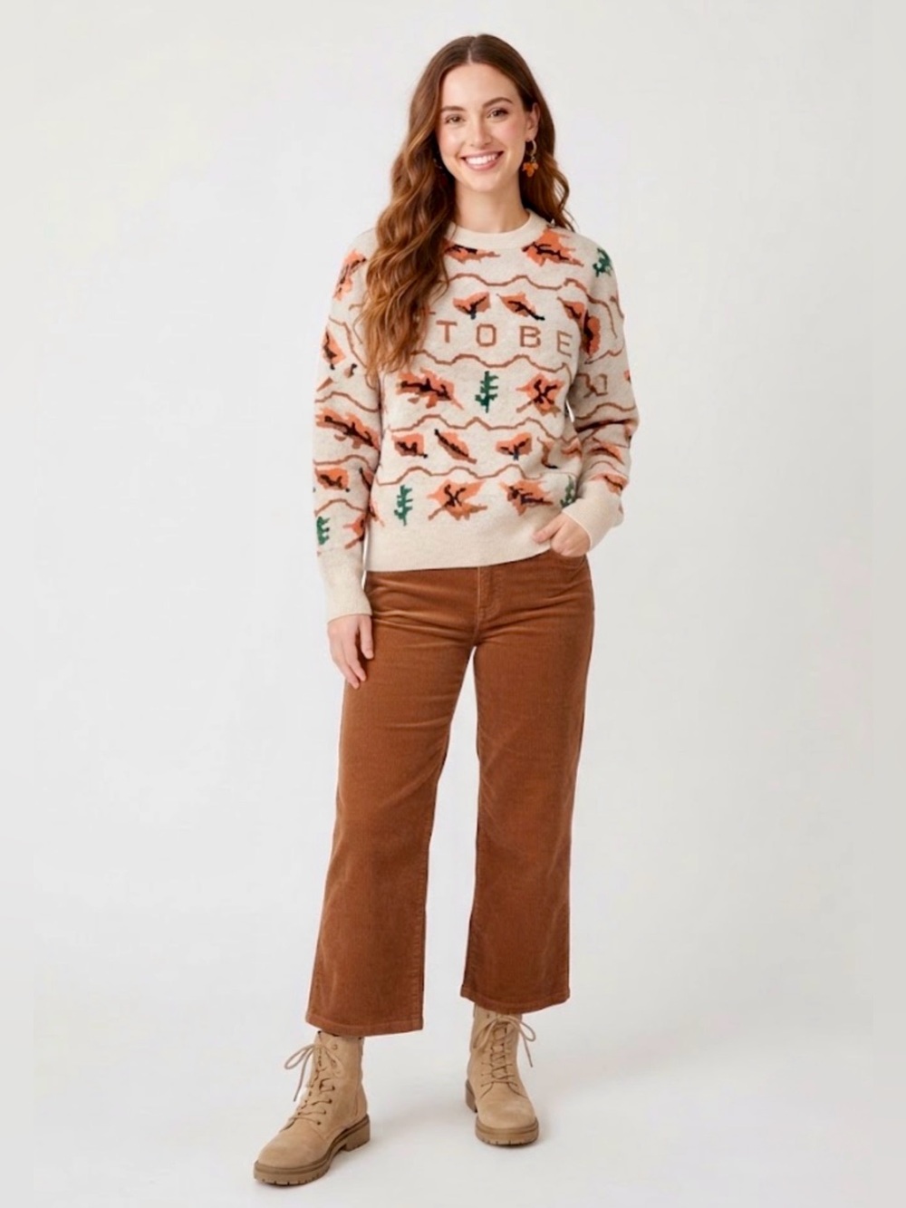Vintage Style October Fall Sweater Beige Orange Leaves Trees Crewneck Medium / L